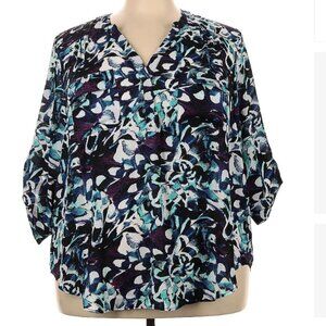 Torrid Harper Georgette Zip-Front 3/4 Sleeve Pullover Blouse, Blue/White Floral